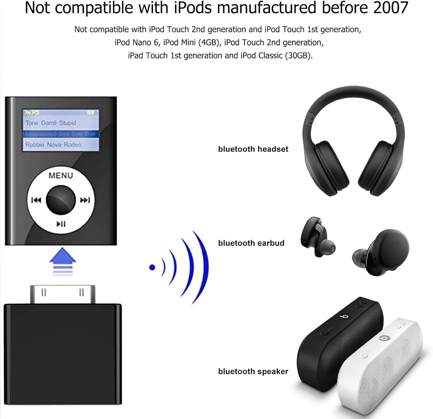 Transmissor Bluetooth para iPod Classic, conector adaptador